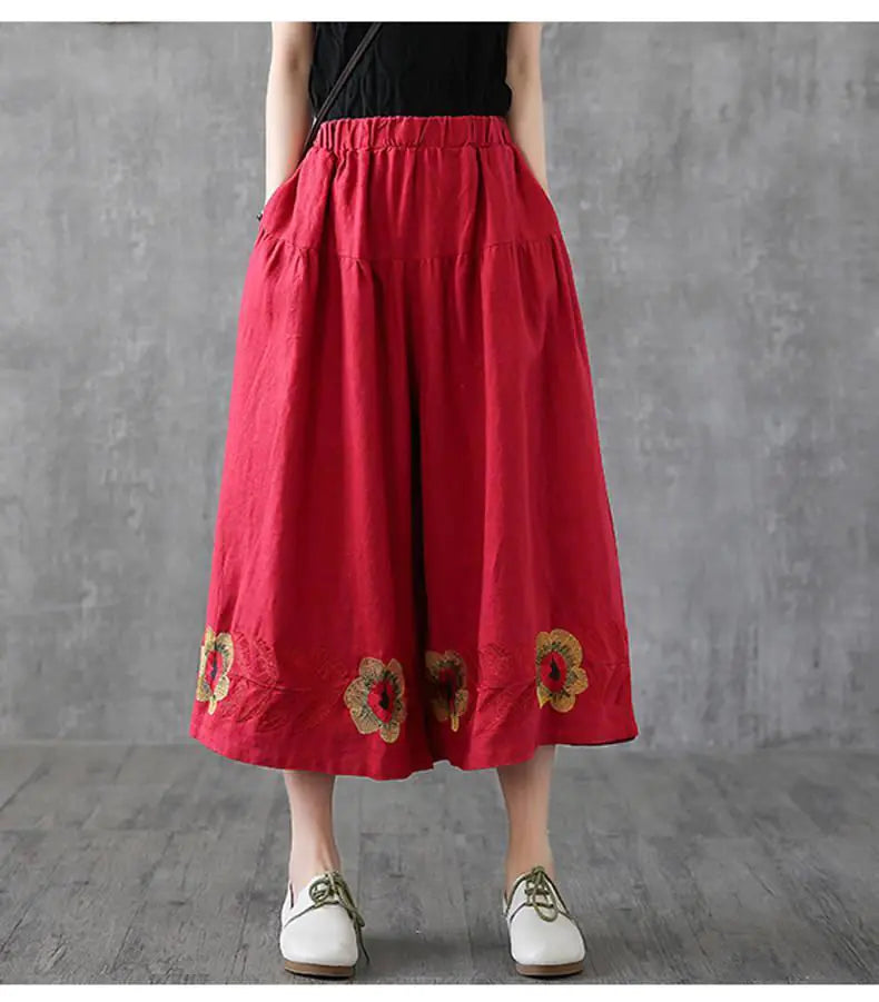 Summer Retro Hemp Embroidered Flower Pants for Women
