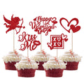 30 Pack Happy Valentines Day Cupcake Toppers Glitter Kiss Me Cupid Valentines Day Cupcake Picks Love You Sweet Heart Valentines Day Theme Wedding Birthday Party Cake Decorations Supplies Red