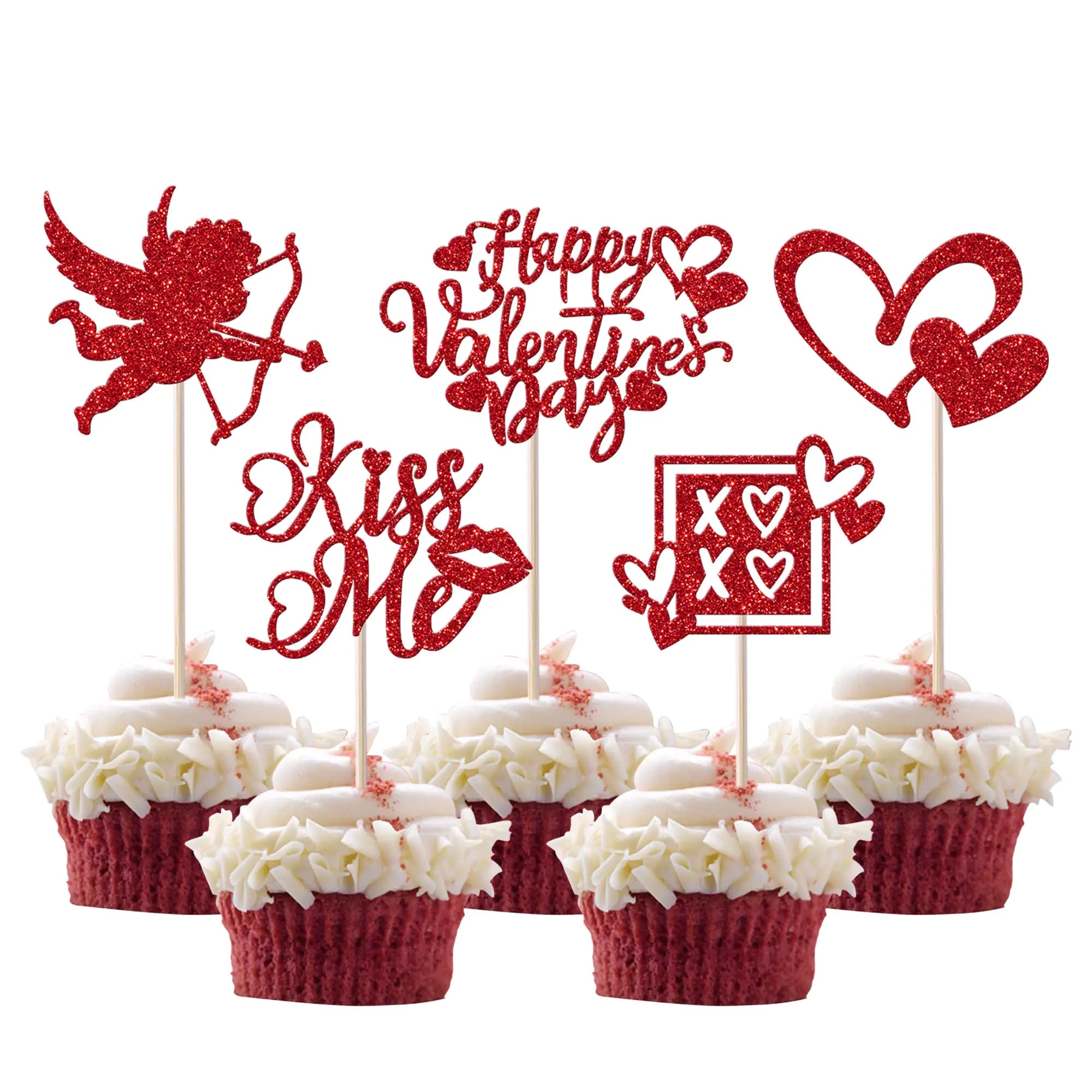 30 Pack Happy Valentines Day Cupcake Toppers Glitter Kiss Me Cupid Valentines Day Cupcake Picks Love You Sweet Heart Valentines Day Theme Wedding Birthday Party Cake Decorations Supplies Red