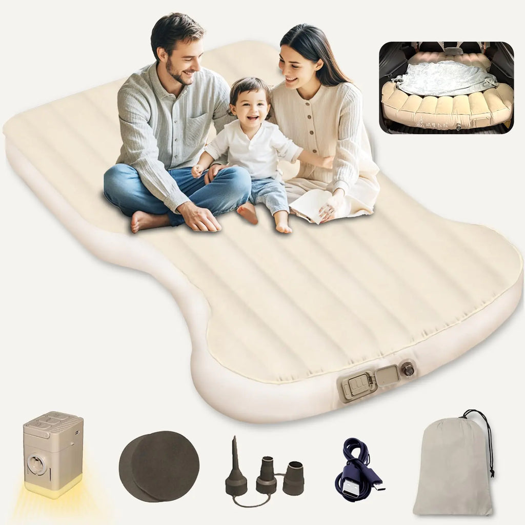 Car Mattress for Tesla Model Y 2020-2024 Portable Air Couch Mat Flocking Surface Air Mattress Built-in Pump Outdoor Camping Air Bed Model Y Accessories Beige and Brown