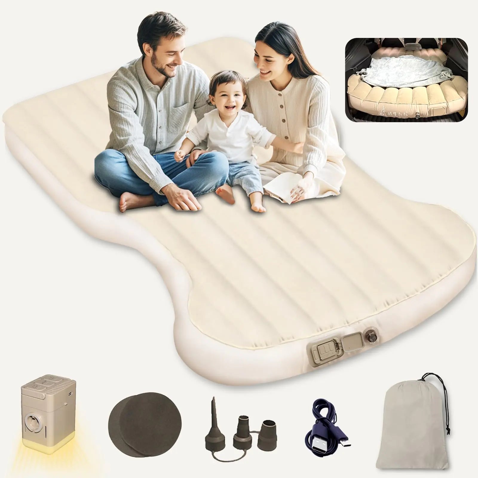 Car Mattress for Tesla Model Y 2020-2024 Portable Air Couch Mat Flocking Surface Air Mattress Built-in Pump Outdoor Camping Air Bed Model Y Accessories Beige and Brown