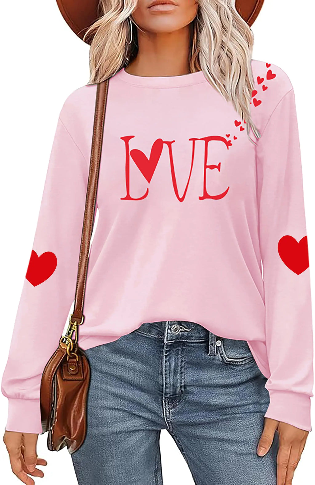 Valentines Day Shirt for Women: Love Heart Graphic Long Sleeve Valentine Pullover Tops Casual Valentines Gifts Pink