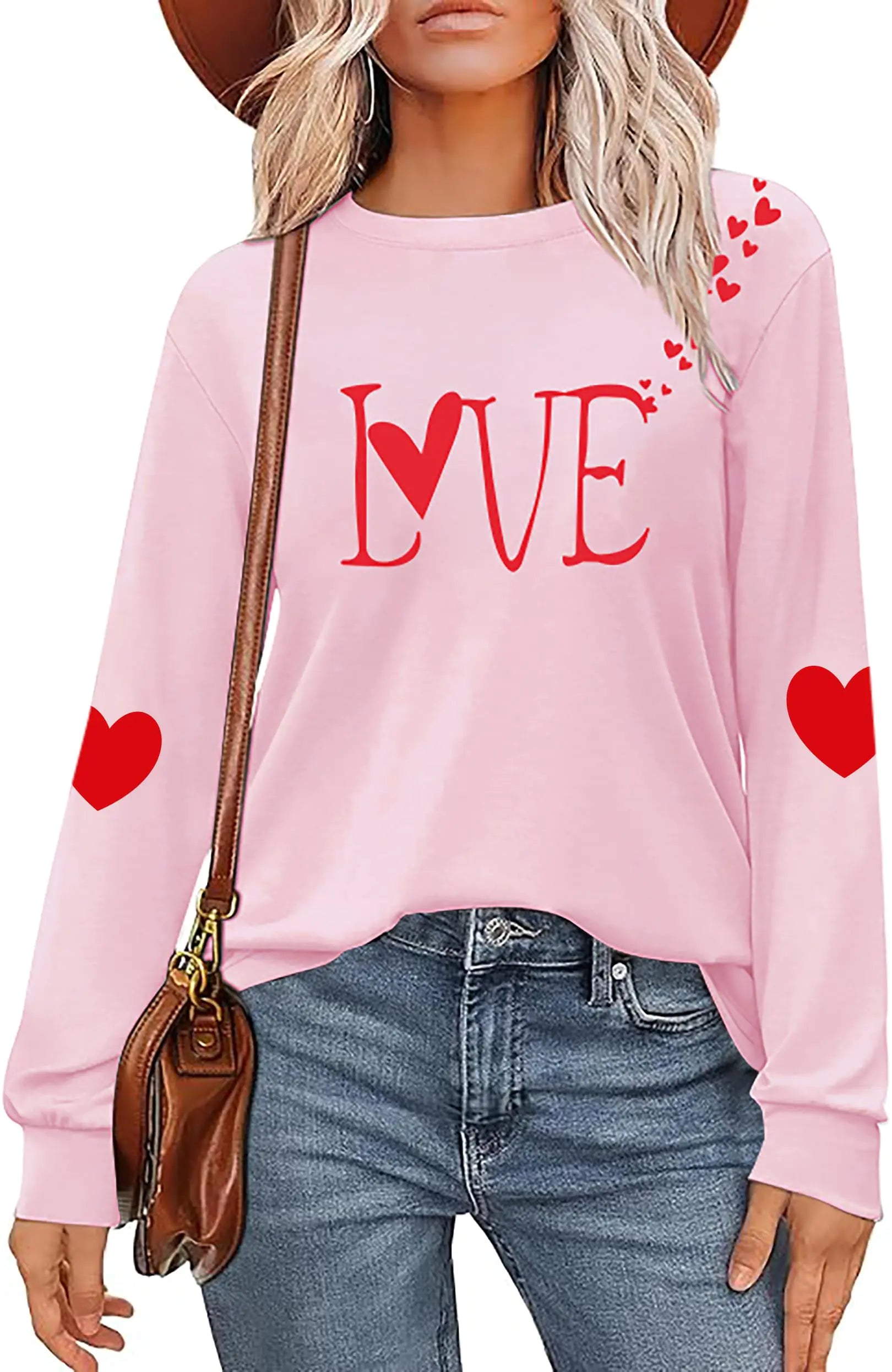 Valentines Day Shirt for Women: Love Heart Graphic Long Sleeve Valentine Pullover Tops Casual Valentines Gifts Pink