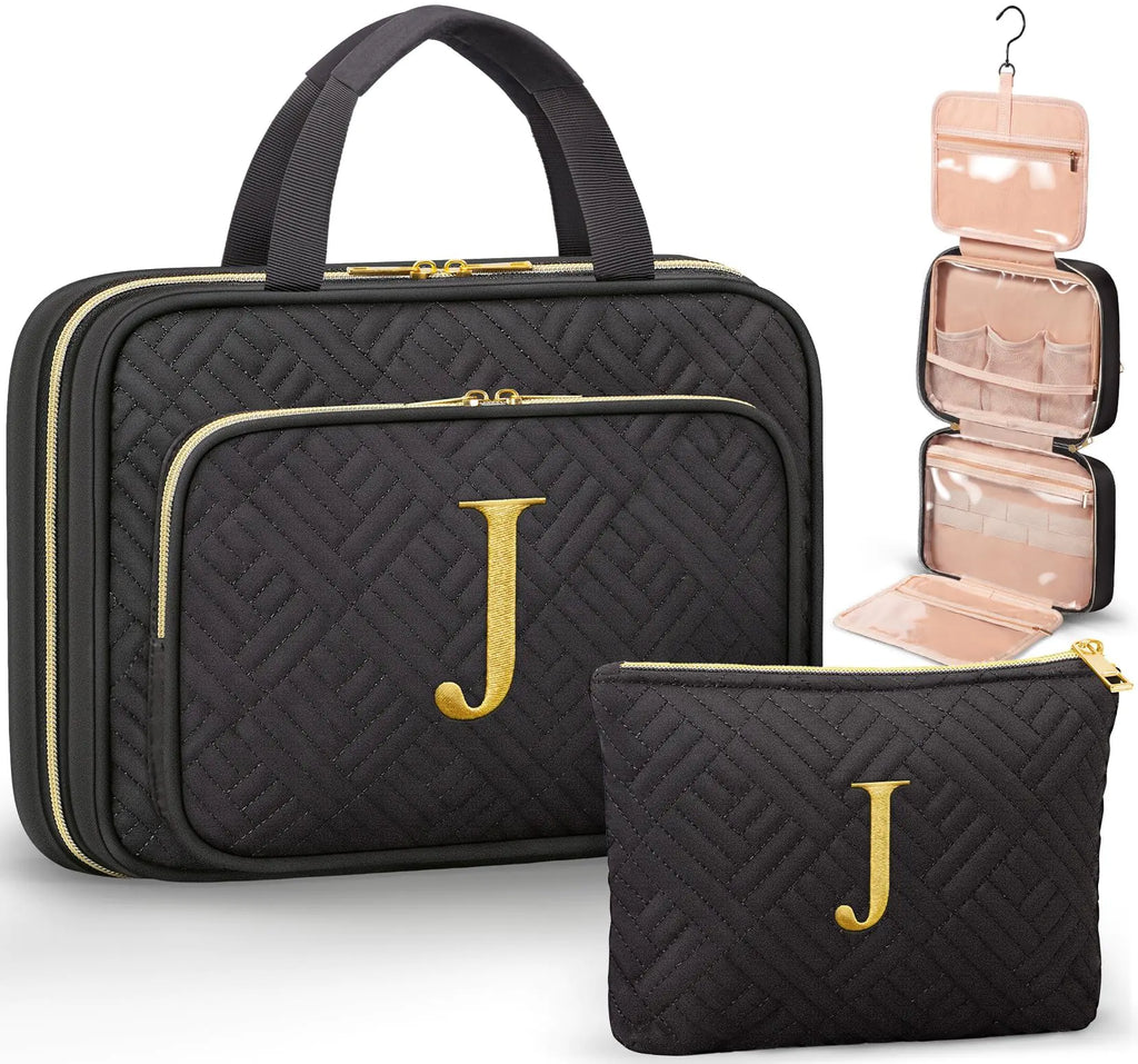 Personalized Birthday Gifts for Women - 2 PCS Initial Hanging Toiletry Bag & Makeup Bag with Embroidery Letter Travel Organizer Cosmetic Bag Valentine Gift Ideas for Mom Wife Friend Sister Her Teacher