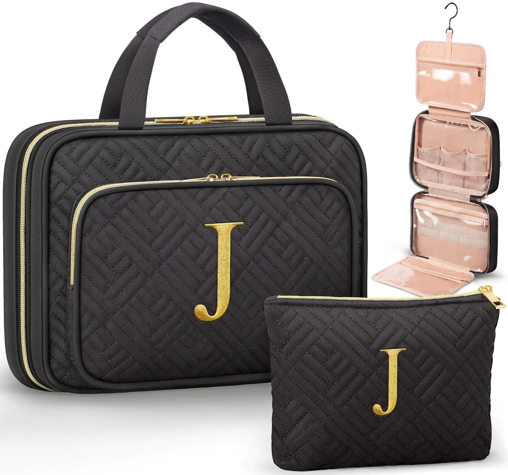 Personalized Birthday Gifts for Women - 2 PCS Initial Hanging Toiletry Bag & Makeup Bag with Embroidery Letter Travel Organizer Cosmetic Bag Valentine Gift Ideas for Mom Wife Friend Sister Her Teacher