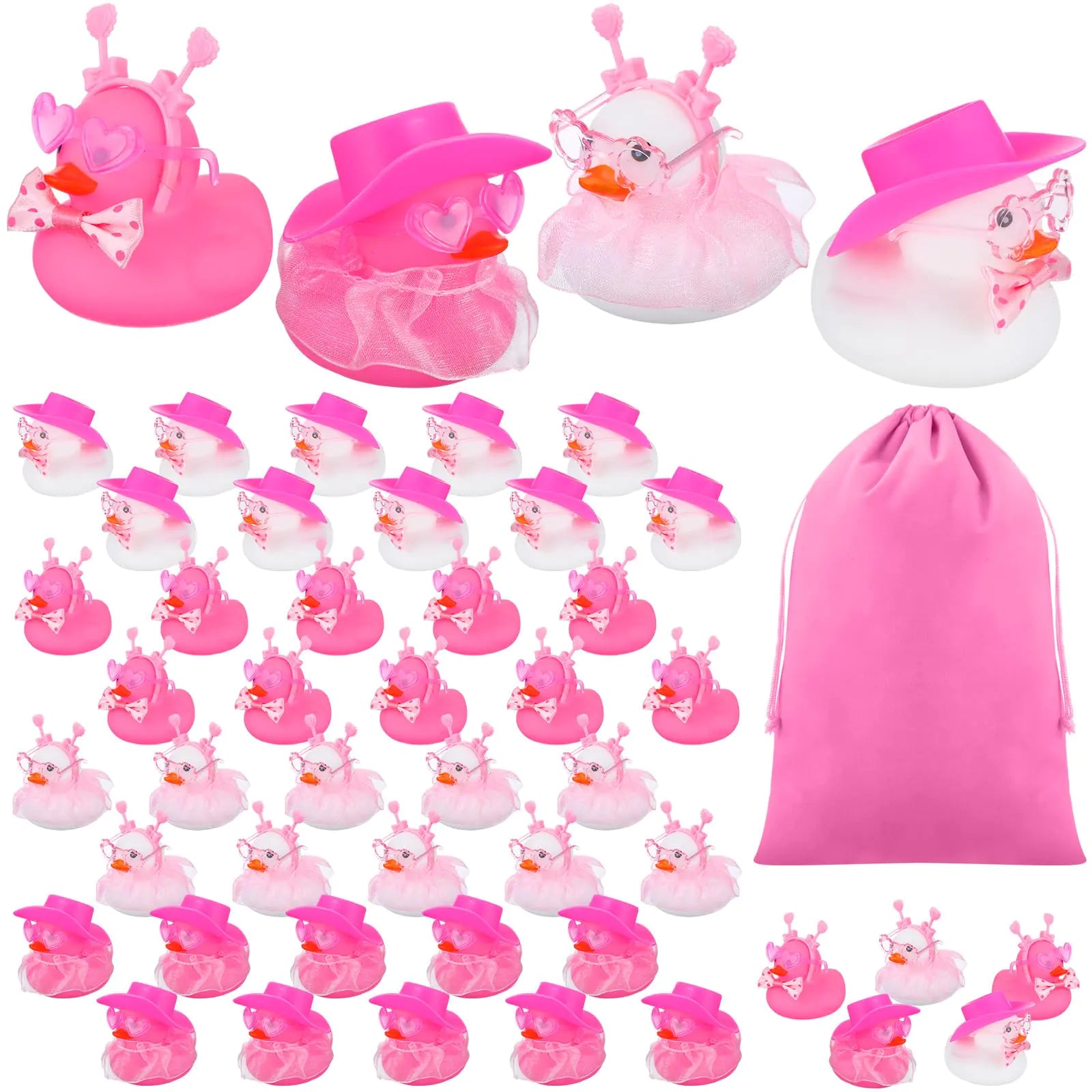 Funrous 48 Pcs Valentines Day Gift Ducks Pink Valentine Rubber Ducks Accessories with Pink Sunglasses Hat Headband Tie Skirt Mini Bathtub Duckies for Wedding Holiday Toys Classroom Gift Exchange Prize