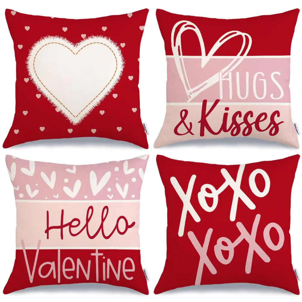 GEEORY Valentines Day Hello Valentine Hugs & Kisses Throw Pillow Covers 16x16 Inch Set of 4 Red Heart XOXO Striped Decorative Farmhouse Wedding Cushion Cases for Home Decoration (Red) G414-16