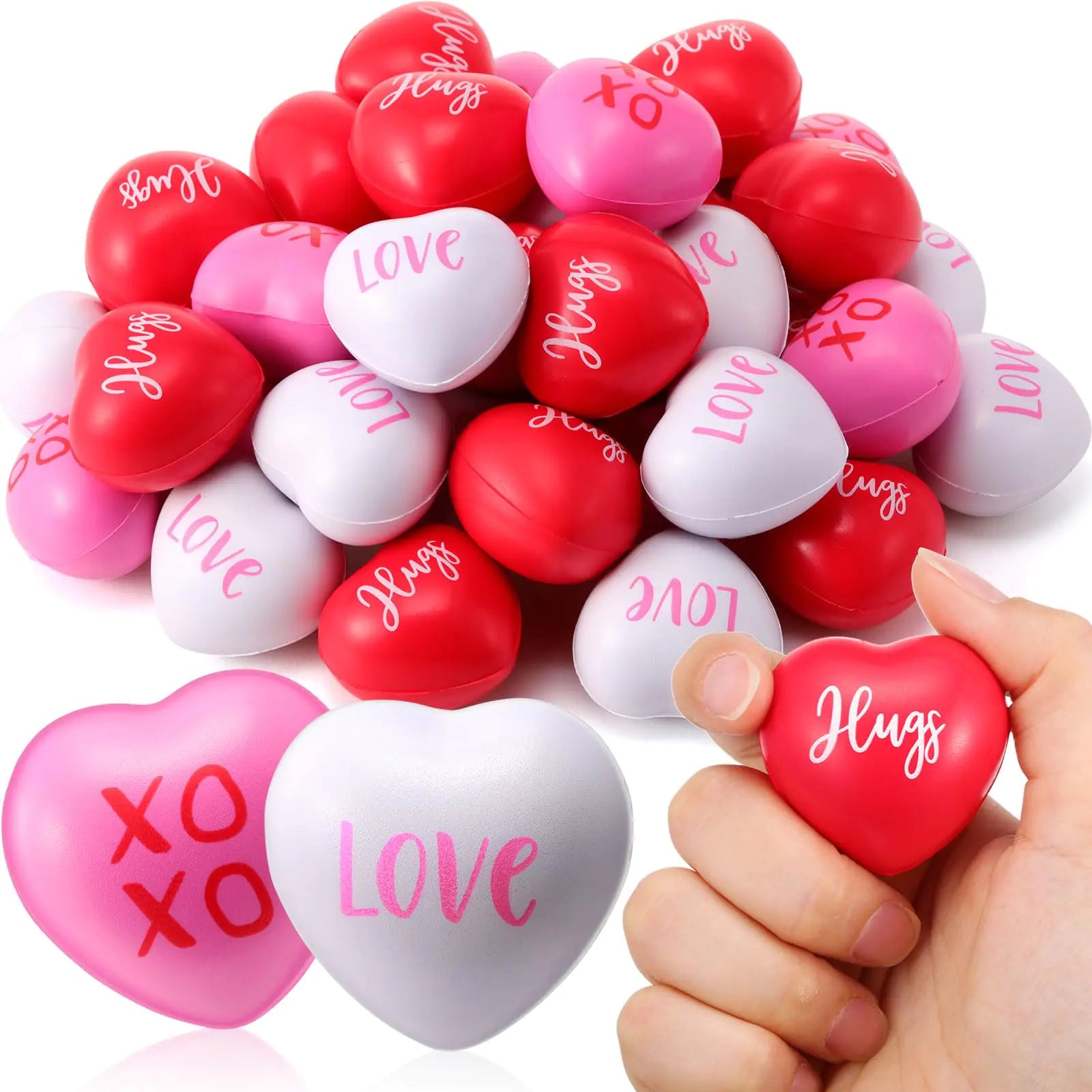 Zubebe Red Pink White Valentines Day Heart Stress Balls Heart Shaped Foam Balls 1.57 Inch Heart Stress Relief Toys Bulk for Kids and Adults Valentine Party Favors Christmas Bag Gift Fillers(24 Pcs)