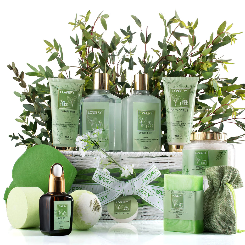 Valentine Tea Tree Bath Set - Luxury Home Spa Set with Calming Mint Fragrance – 15 pc Relaxation Gift Basket Tea Tree Bath OilShower Gel Bubble Bath Handmade Soap Steamer Tablet Potpourri & More