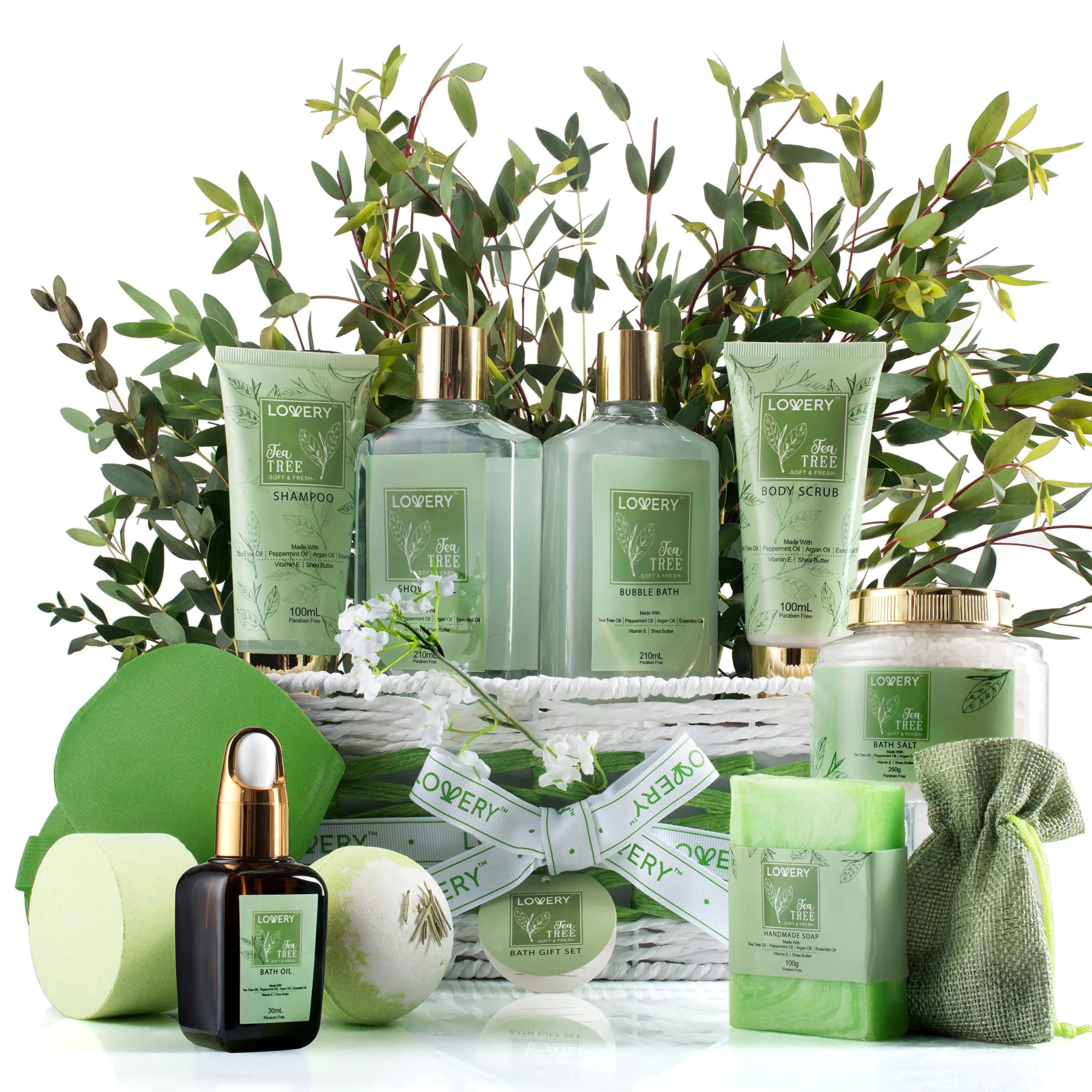 Valentine Tea Tree Bath Set - Luxury Home Spa Set with Calming Mint Fragrance – 15 pc Relaxation Gift Basket Tea Tree Bath OilShower Gel Bubble Bath Handmade Soap Steamer Tablet Potpourri & More