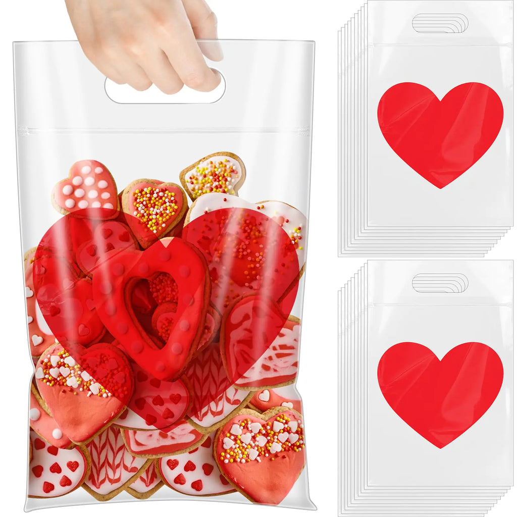 Kolldenn 100 Pcs Valentines Day Heart Treat Bags with Handles Bulk Valentines Sealing Gift Bags for Candy Snacks Party Favours