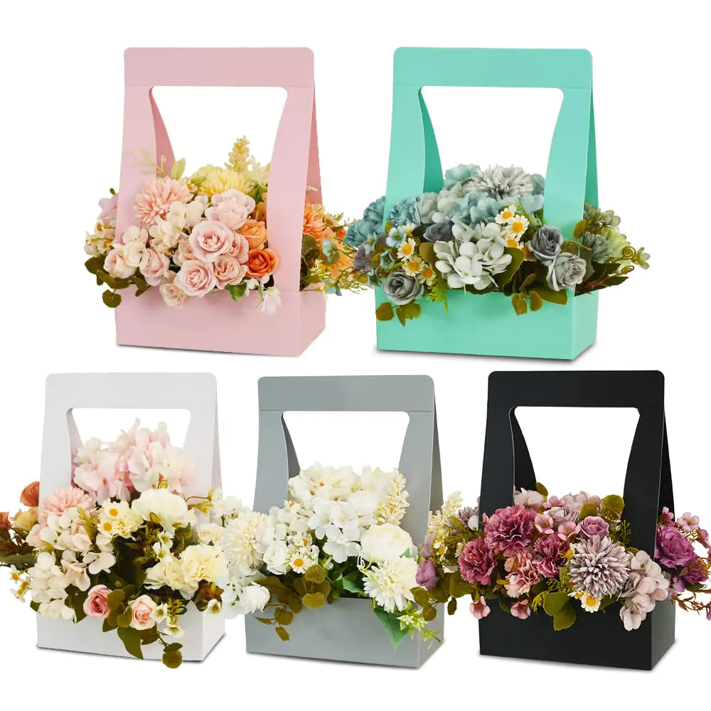 BEISHIDA 5 PCS Pink Flower Bouquet Boxes Craft Paper Gift Bags with Handle for Bouquet Packaging Floral Wrap Florist Supplies Basket Graduation Wedding Valentine Gift Crafts(8 x 4.7 x 12.6 in)