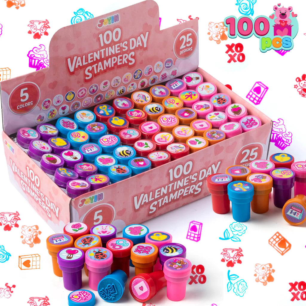 JOYIN 100 Pcs Valentines Themes Stamper 25 Designs Arts & Crafts Stamper for Valentines Day Party Favors Classroom Exchanging Gifts Classroom Holiday Reward Prizes