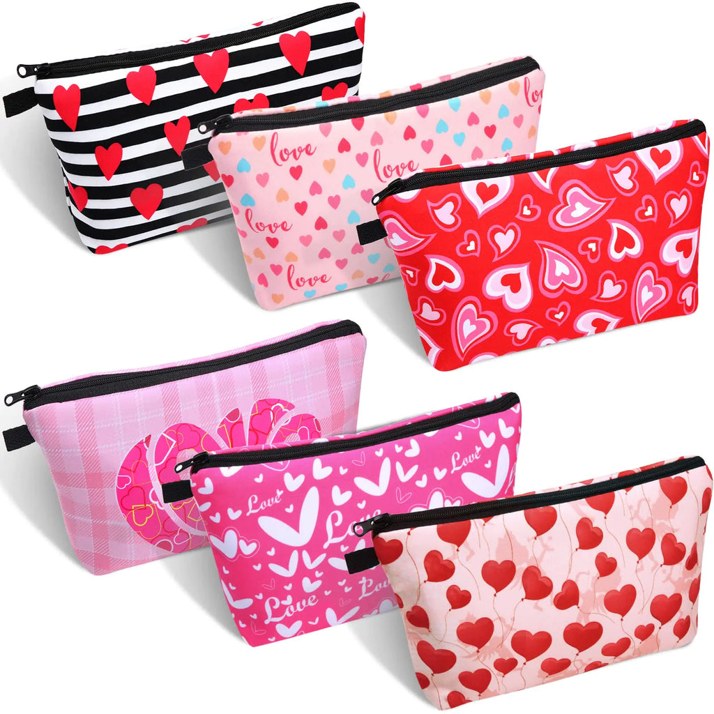 Saintrygo 6 Pcs Valentine Makeup Bag Valentines Heart Cosmetic Bags Red Pink Love Travel Zipper Pouches Valentines Day Gift for Girlfriend Women Wife Double Sided Printed Waterproof Organizer