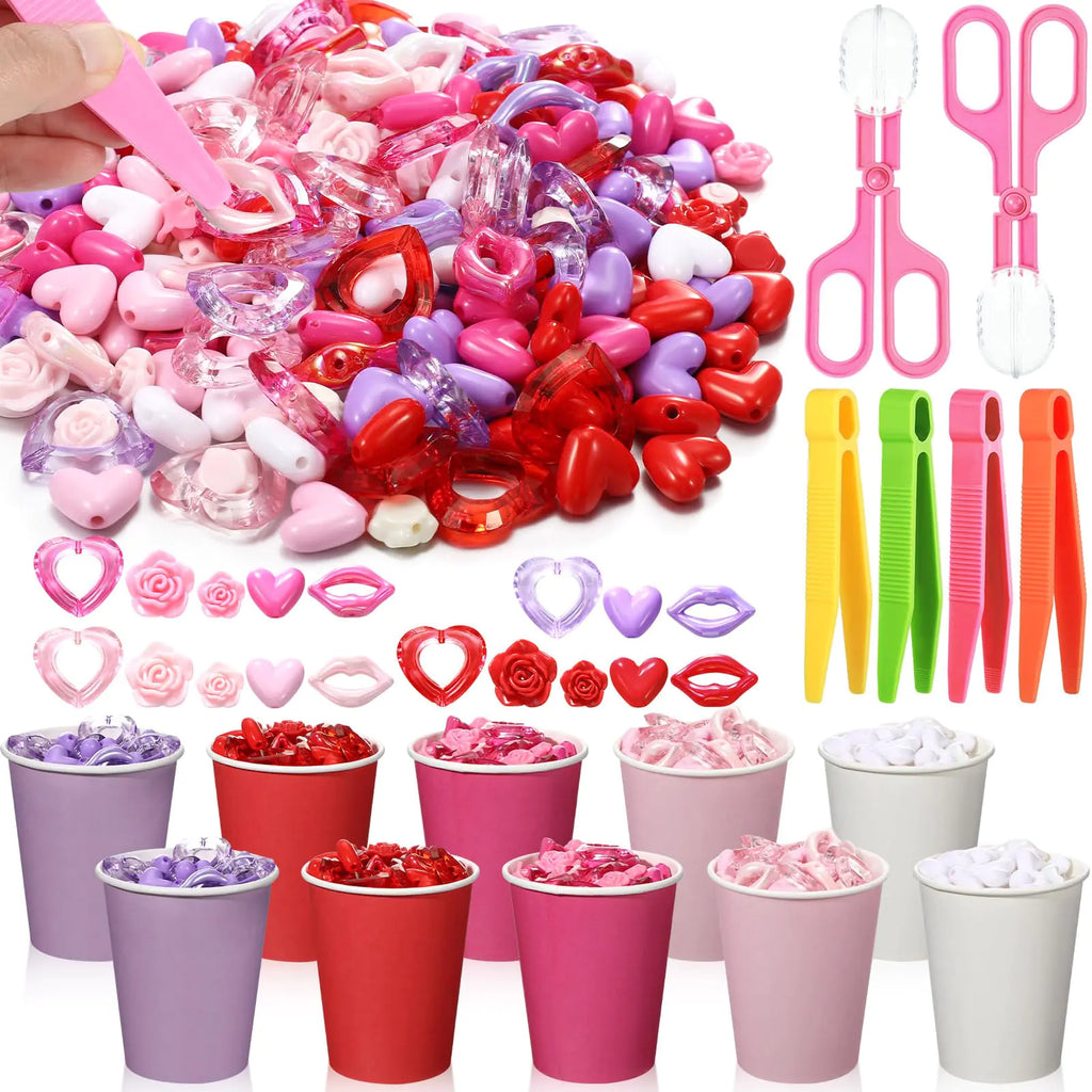 Arrowbash 230 Pcs Valentine Fine Motor Skills Toys Sensory Bin Filler Includes 5 Style 214 Acrylic Gems 4 Tweezers 2 Scissors Clips 10 Cups for Early Education Sorting Counting Training Development
