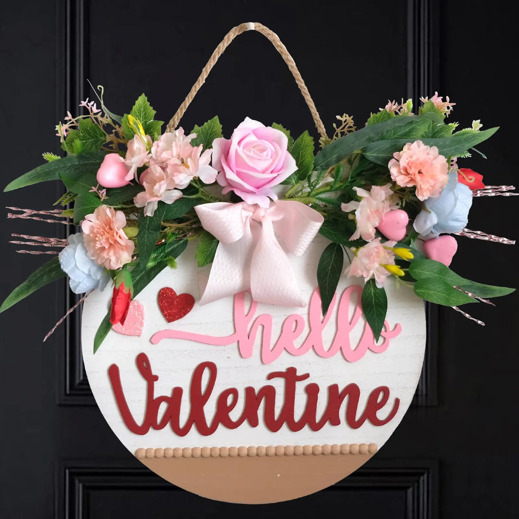 TEMPUS 16“ Valentines Day Door Sign Wooden Wreath with Roses Heart Berries and Buffalo Bow for Front Door Valentines Day Anniversary Wedding Party Dinner Indoor Outdoor Decor