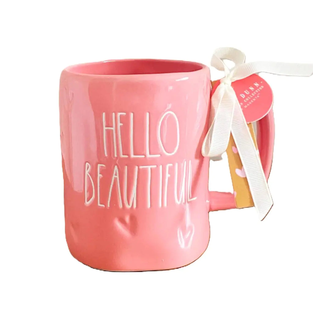 Rae Dunn Valentines Day Heart Coffee Mug (Pink - Hello Beautiful with Debossed Hearts)