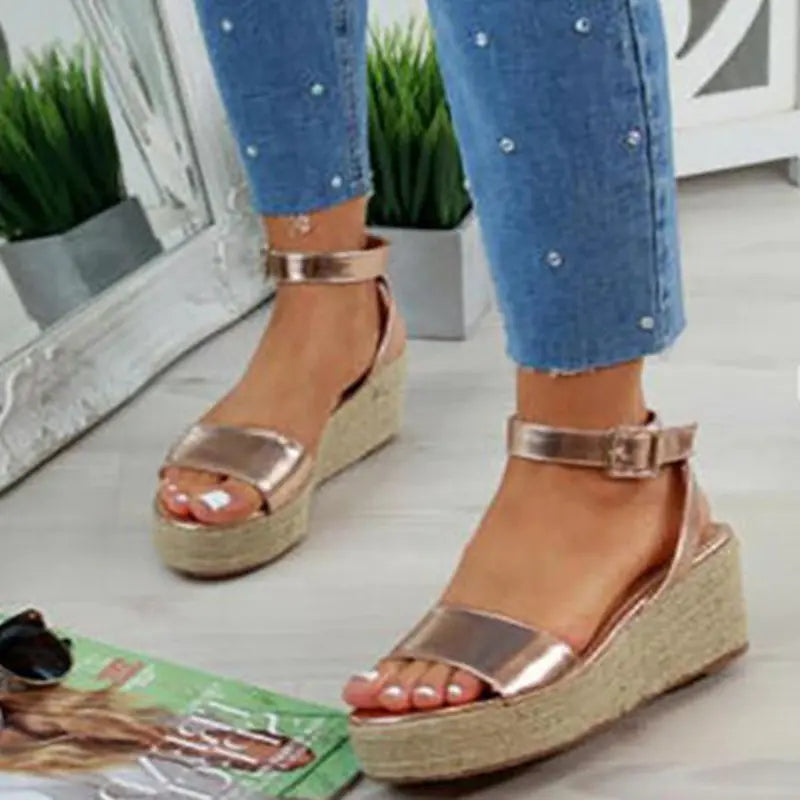Large Buckle Flat Hemp Rope Ladies Sandals