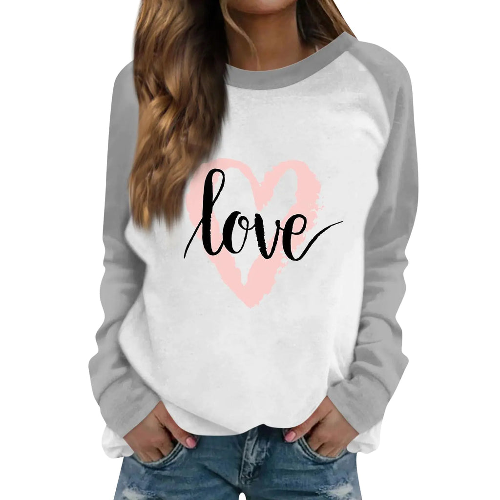 Valentines Day Sweatshirt Women Plus Size Pullover Love Heart Print Valentines Tops For Women Sexy Long Sleeve Valentine T Shirts For Women Crewneck Raglan Sleeve Winter Clothes Gray XXXL