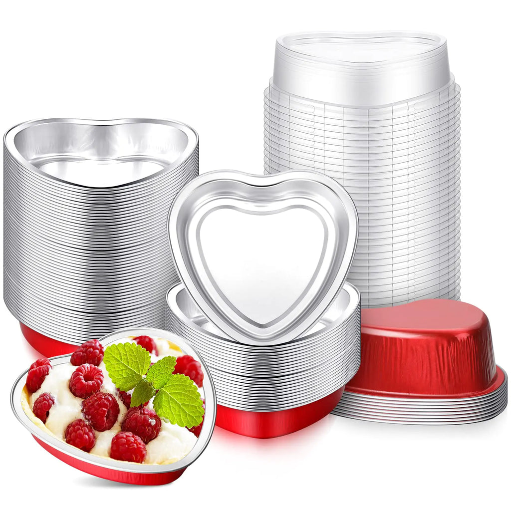 Yinkin 50 Set 9 oz Valentines Day Heart Shaped Cake Pans 5.4 Inch Heart Aluminum Foil Cupcake Pans with Lids Disposable Dessert Baking Cups Pan for Mother Valentine Wedding Birthday Muffin Pie(Red)