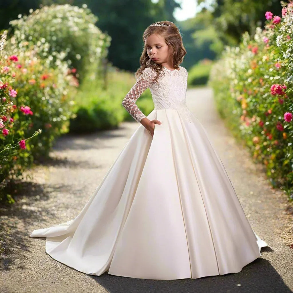 Bridal Flower Girl Dress Long Sleeve Champagne White Polyester Customized Size Options