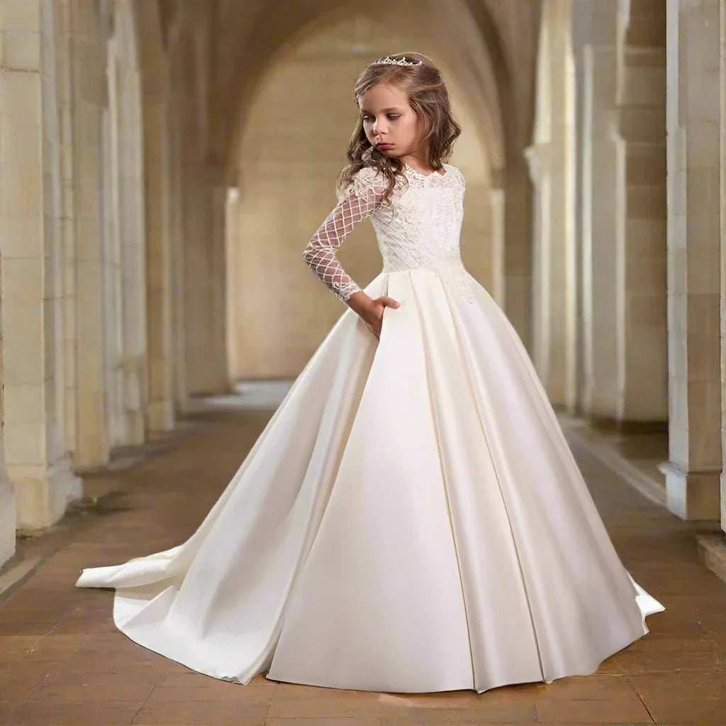 Bridal Flower Girl Dress Long Sleeve Champagne White Polyester Customized Size Options