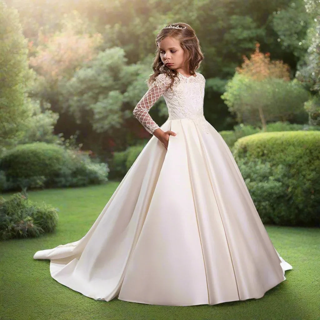 Bridal Flower Girl Dress Long Sleeve Champagne White Polyester Customized Size Options