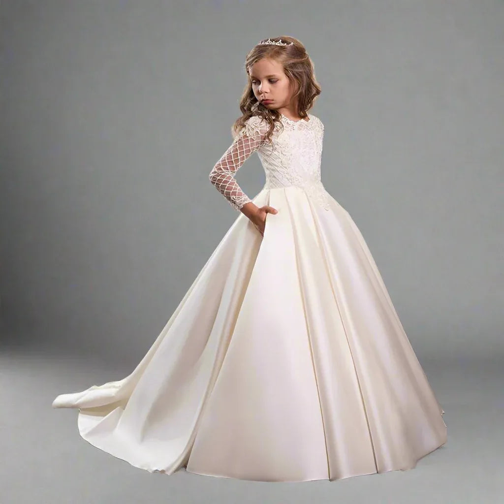 Bridal Flower Girl Dress Long Sleeve Champagne White Polyester Customized Size Options