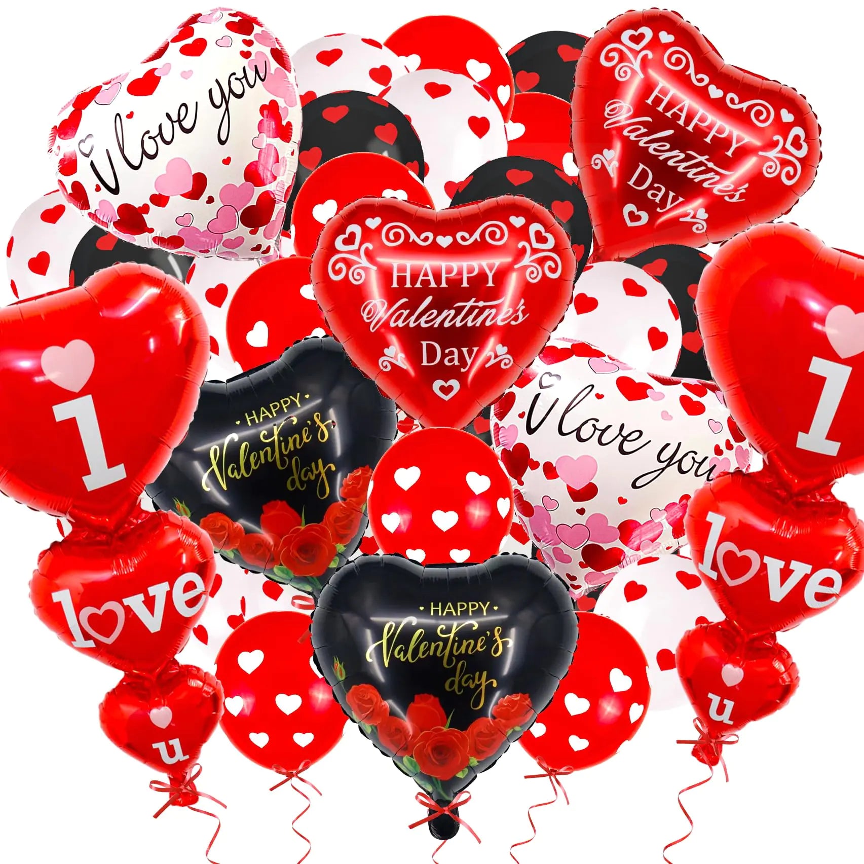 YGSEPCC Heart Balloons Valentines Day Decorations Happy Valentines Balloons Red Aad Black I Love You Mylar Foil Balloons for Romantic Night Party Decorations