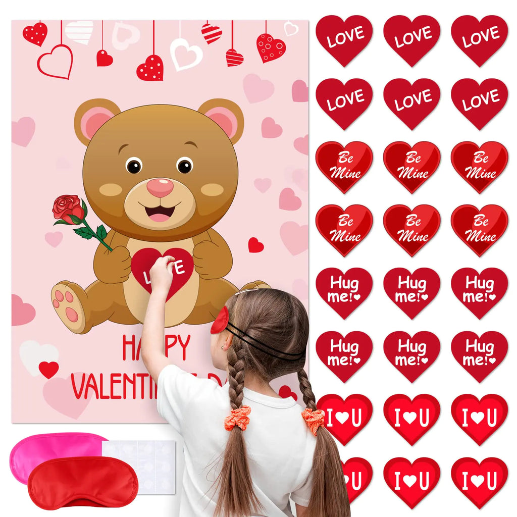 ELECLAND Pin The Heart on The Bear Valentines Party Game for Kids Valentines Heart Stickers Valentines Day Party Decorations Birthday Party Supplies Teddy Bear Party Decorations