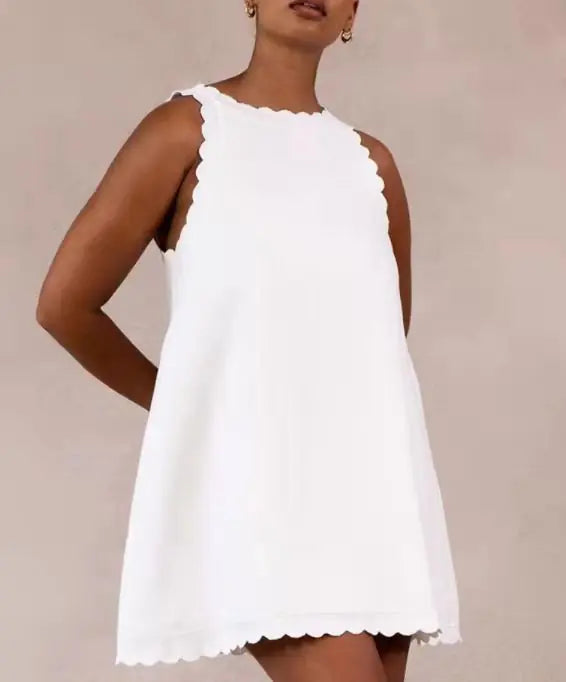 Embroidered Ruffled Women's Dress in Cotton Hemp