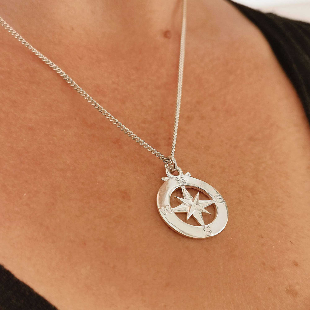 Enamel Outline Compass Large St Christopher Silver Necklace - Jays Shop uk