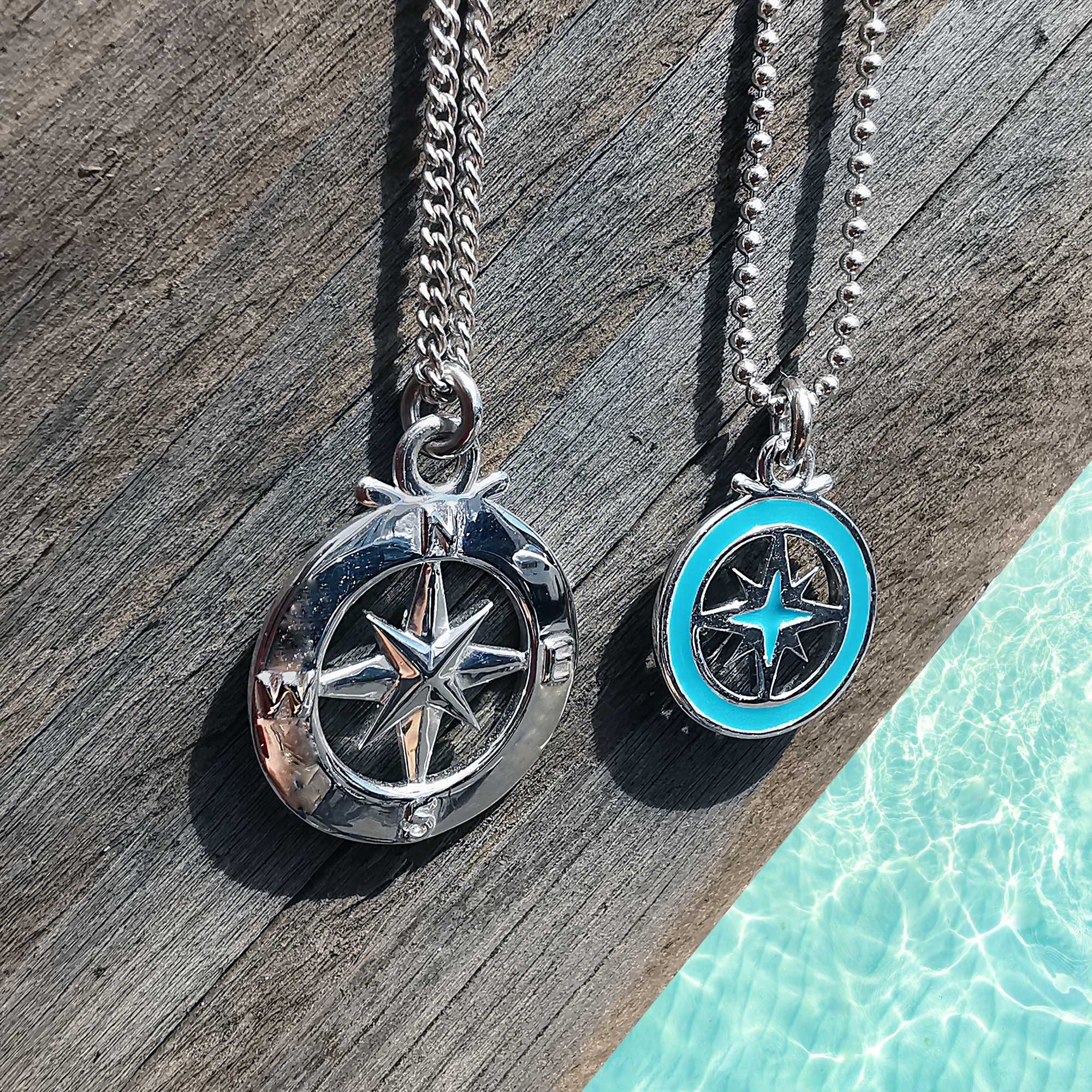 Enamel Outline Compass Large St Christopher Silver Necklace - Jays Shop uk