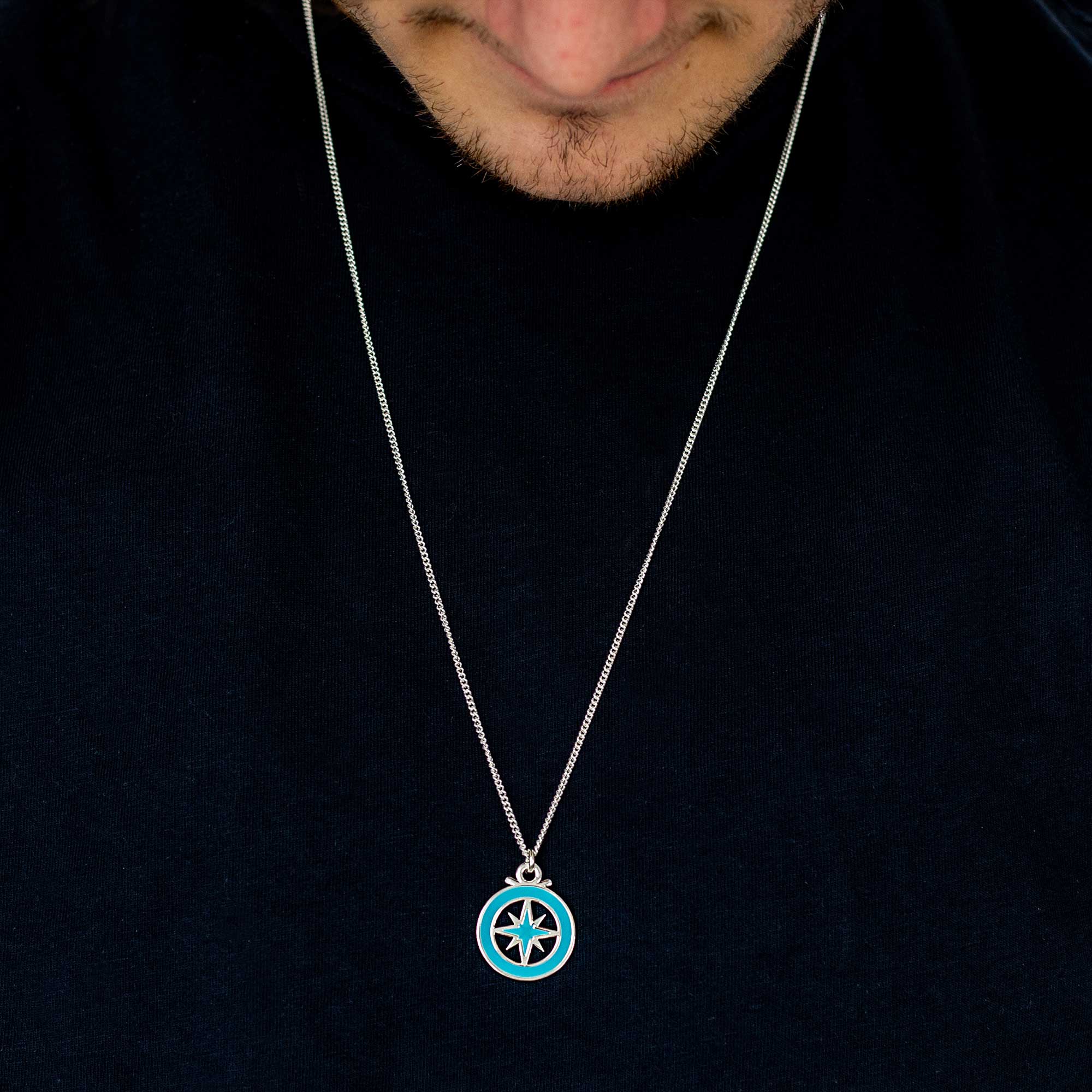 Enamel Outline Compass Large St Christopher Silver Necklace - Jays Shop uk