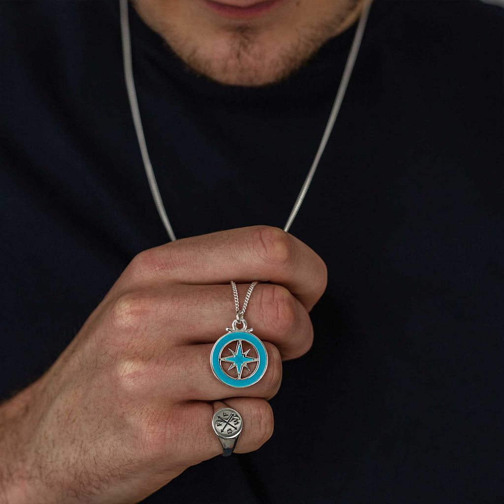 Enamel Outline Compass Large St Christopher Silver Necklace - Jays Shop uk