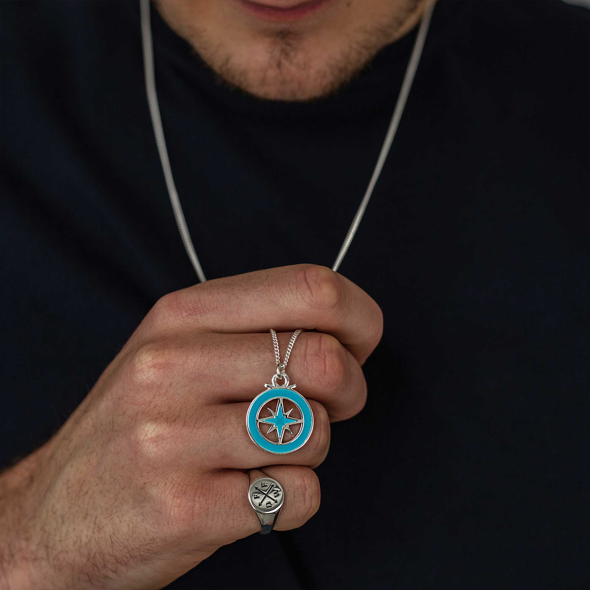 Enamel Outline Compass Large St Christopher Silver Necklace - Jays Shop uk
