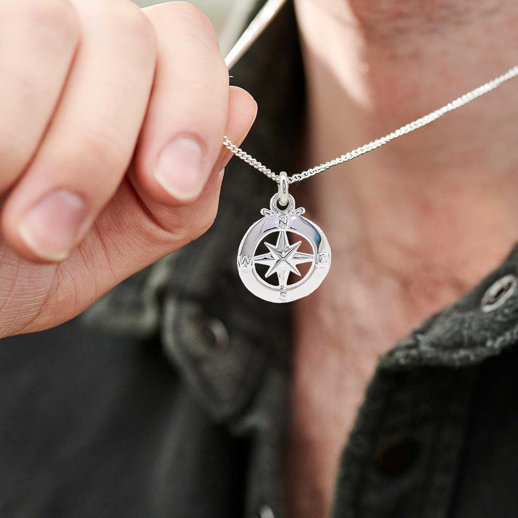 Enamel Outline Compass Large St Christopher Silver Necklace - Jays Shop uk