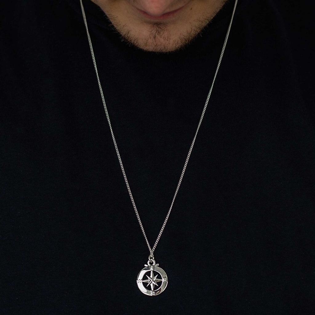 Enamel Outline Compass Large St Christopher Silver Necklace - Jays Shop uk