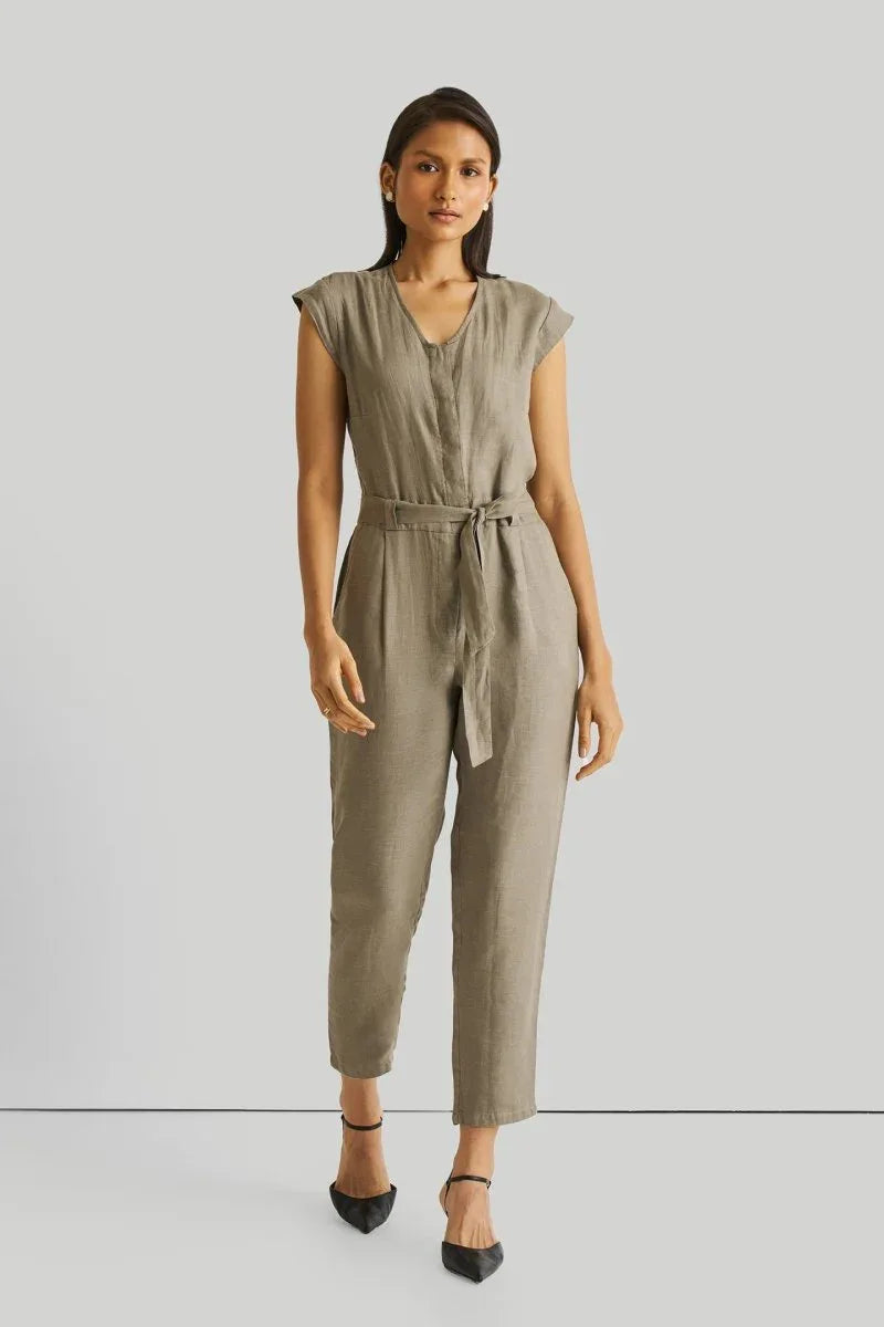 Olive Green Jumpsuit with V-Neck, Micro Sleeves, and Tapered Legs by DC-Reistor