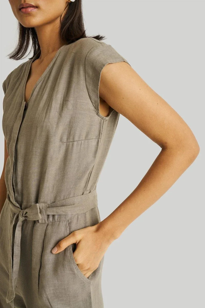 Olive Green Jumpsuit with V-Neck, Micro Sleeves, and Tapered Legs by DC-Reistor
