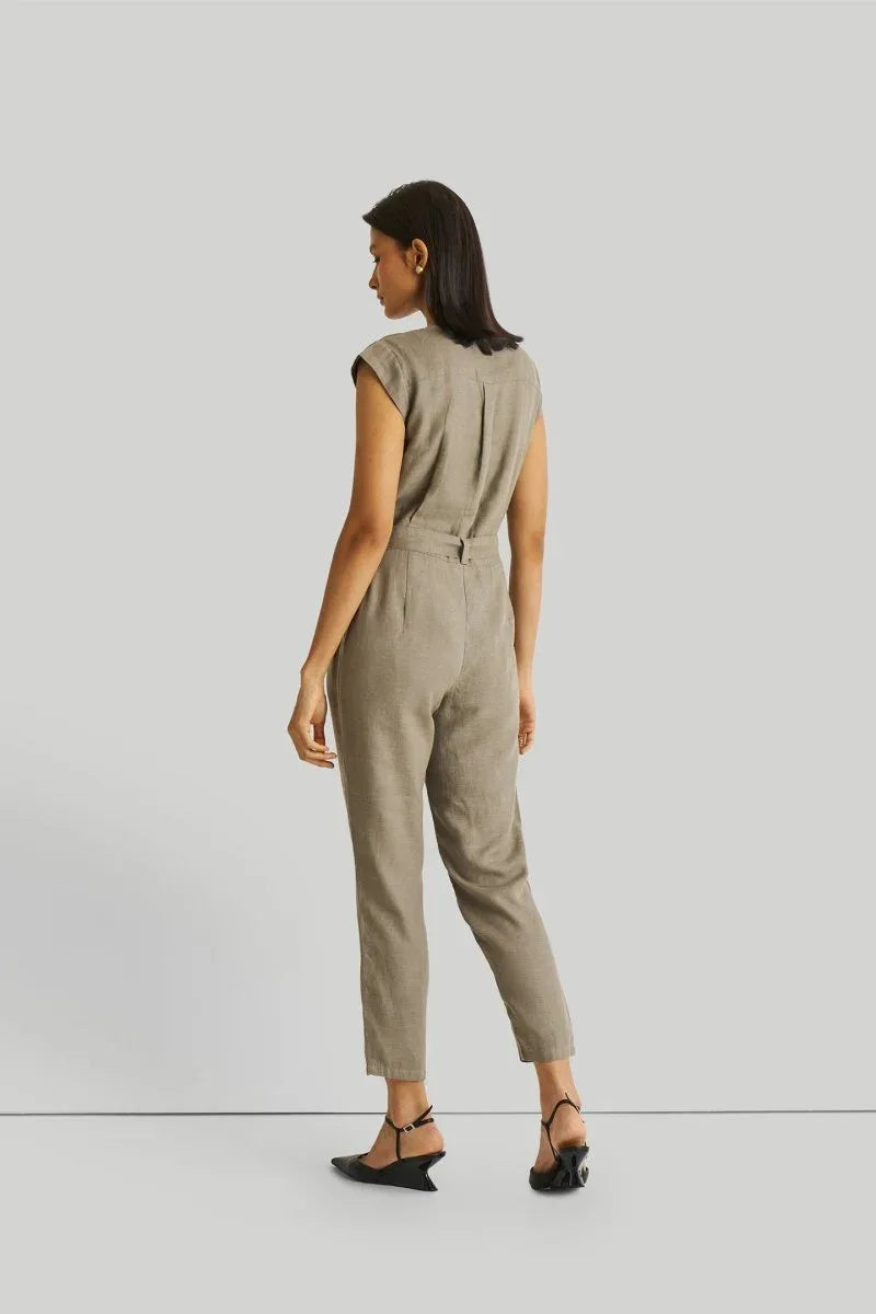 Olive Green Jumpsuit with V-Neck, Micro Sleeves, and Tapered Legs by DC-Reistor