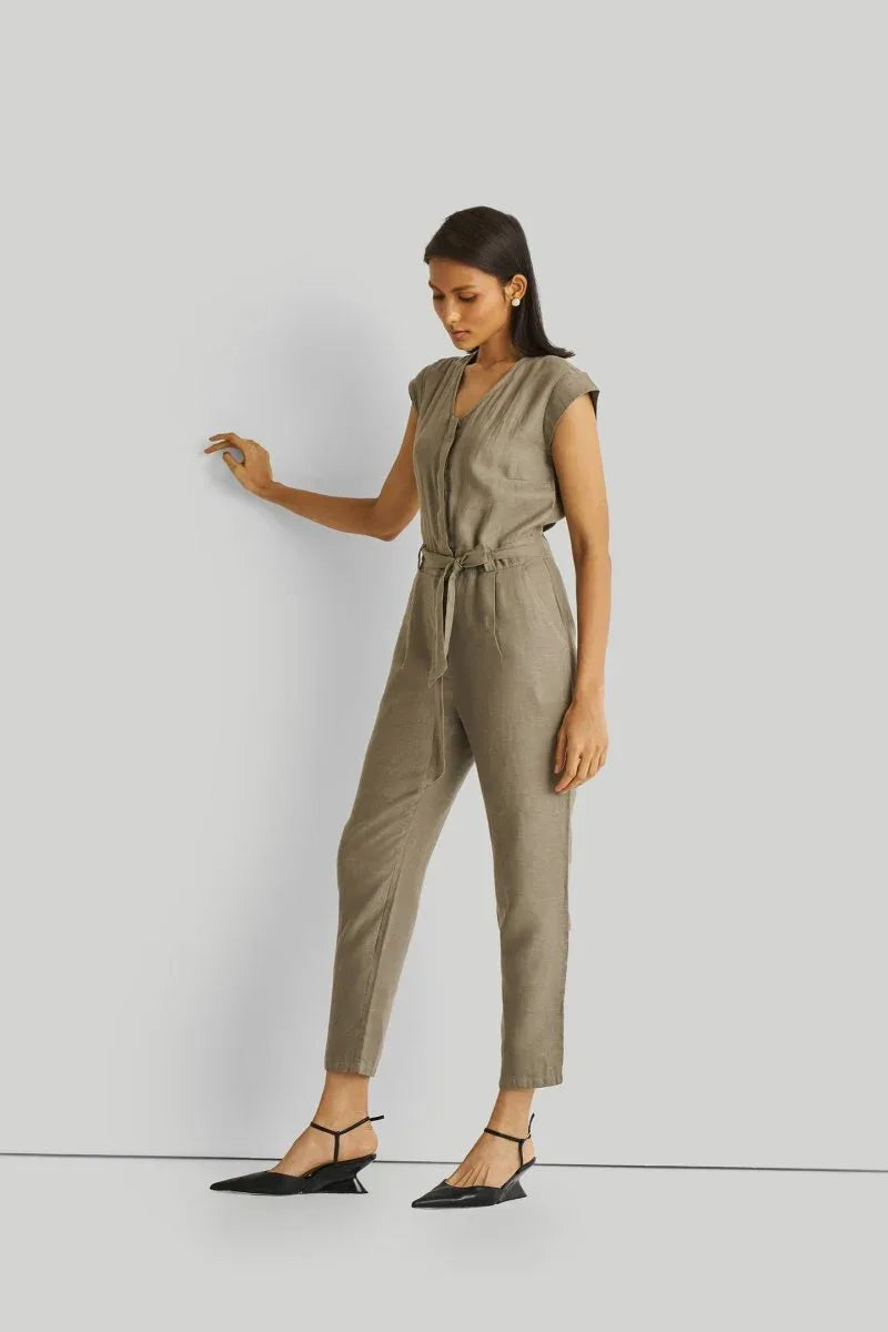 Olive Green Jumpsuit with V-Neck, Micro Sleeves, and Tapered Legs by DC-Reistor