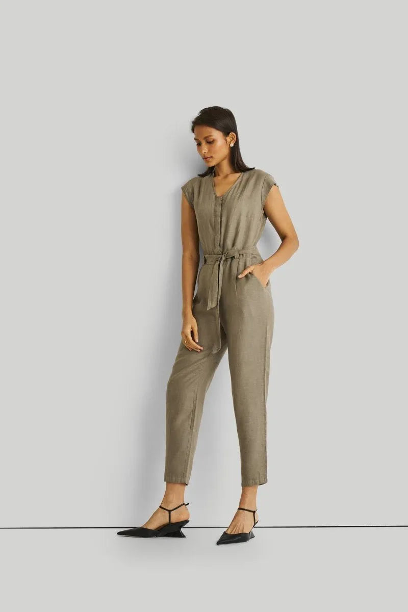 Olive Green Jumpsuit with V-Neck, Micro Sleeves, and Tapered Legs by DC-Reistor