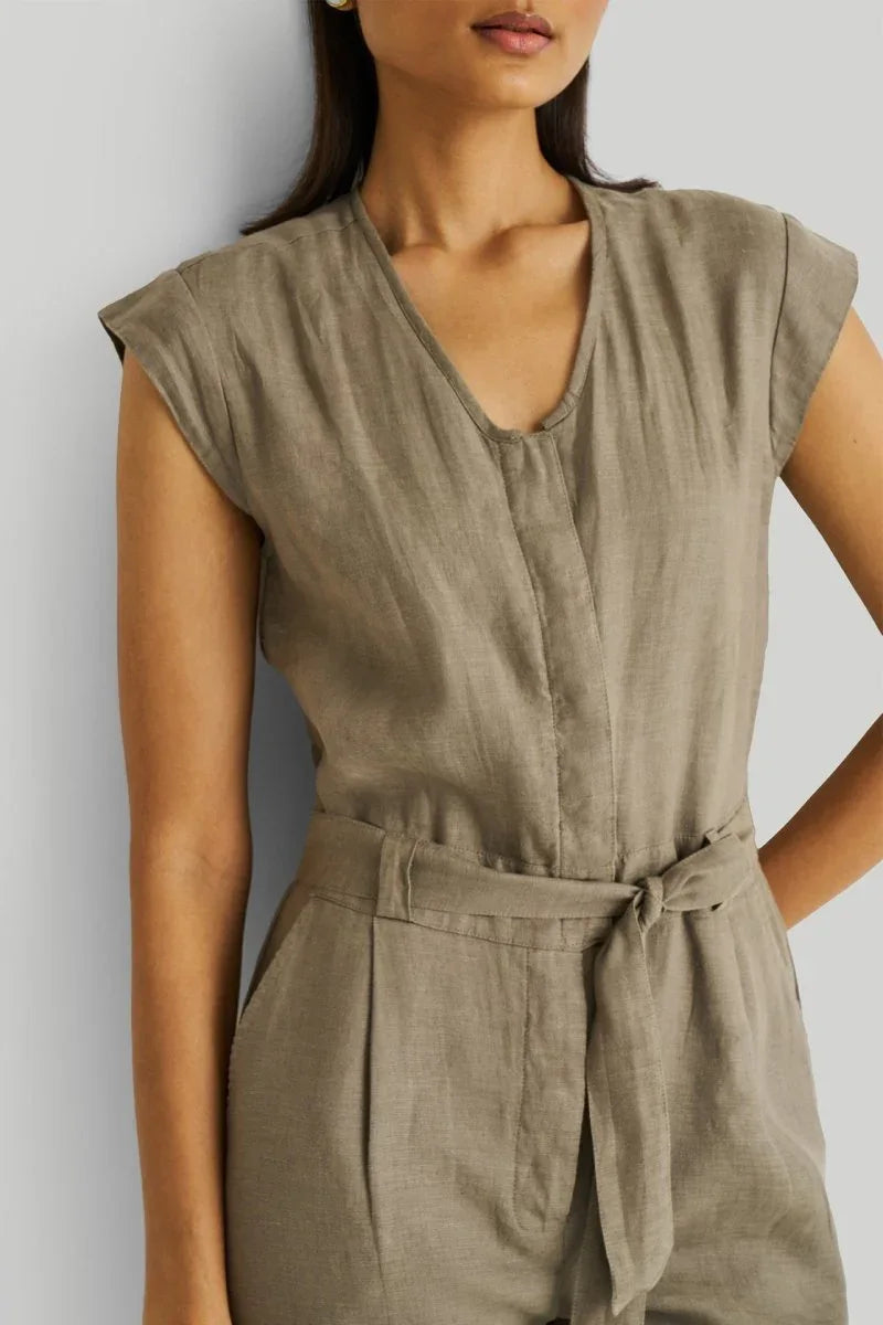 Olive Green Jumpsuit with V-Neck, Micro Sleeves, and Tapered Legs by DC-Reistor