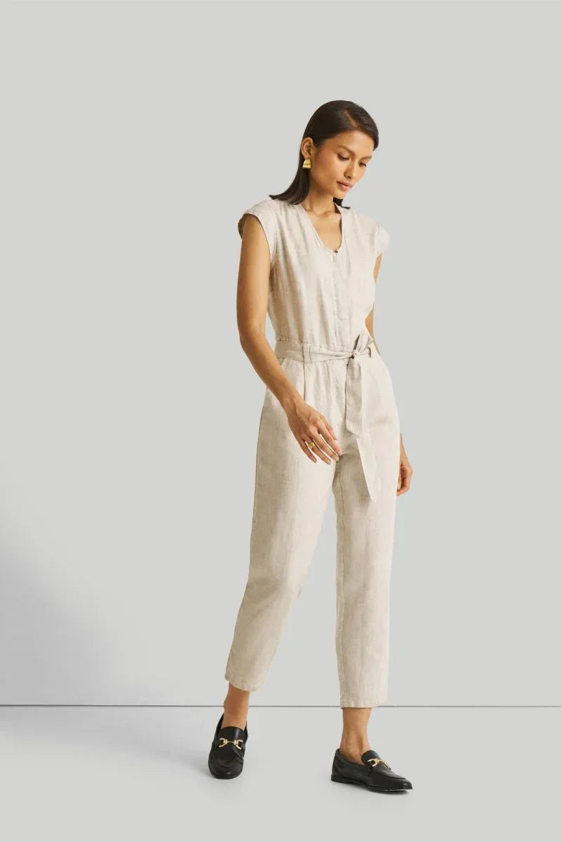 Light Beige Jumpsuit with V-Neck and Straight-Cut Legs | 100% Hemp for All-Day Comfort