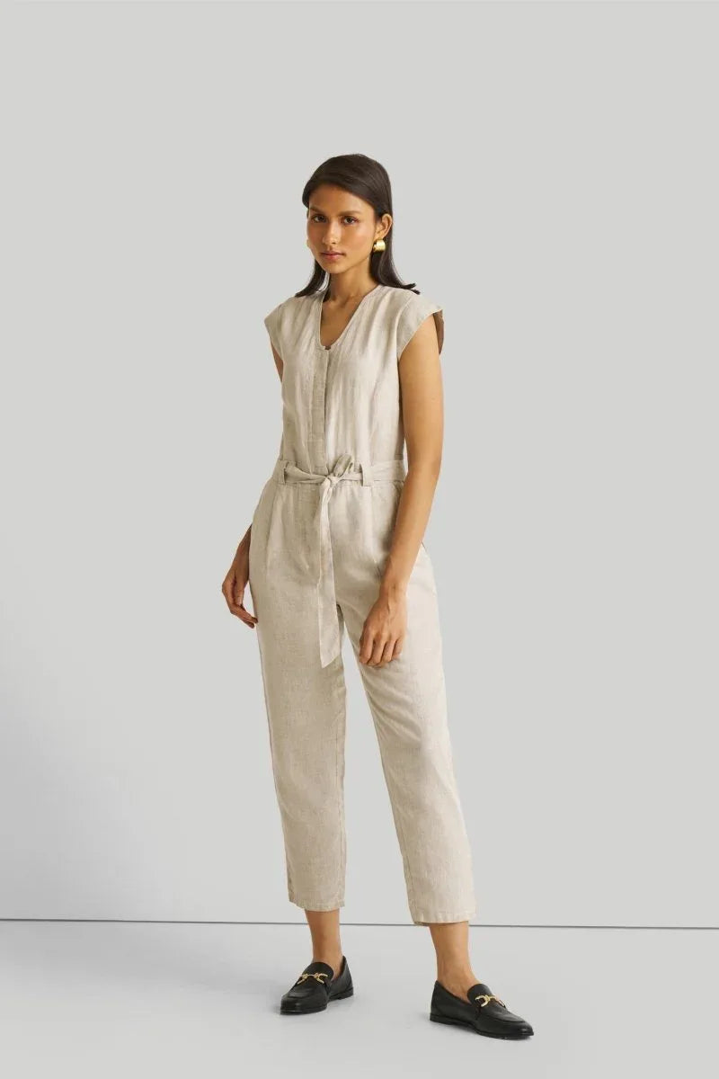 Light Beige Jumpsuit with V-Neck and Straight-Cut Legs | 100% Hemp for All-Day Comfort