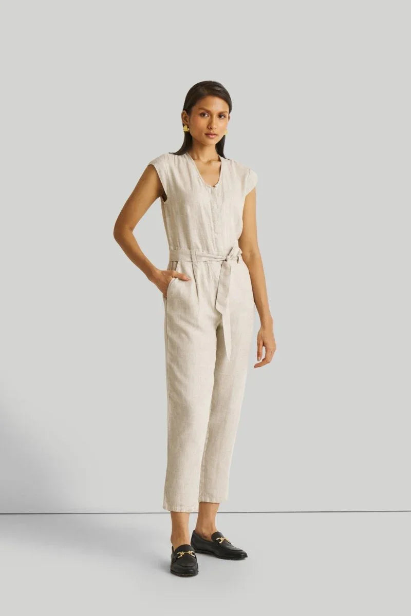Light Beige Jumpsuit with V-Neck and Straight-Cut Legs | 100% Hemp for All-Day Comfort