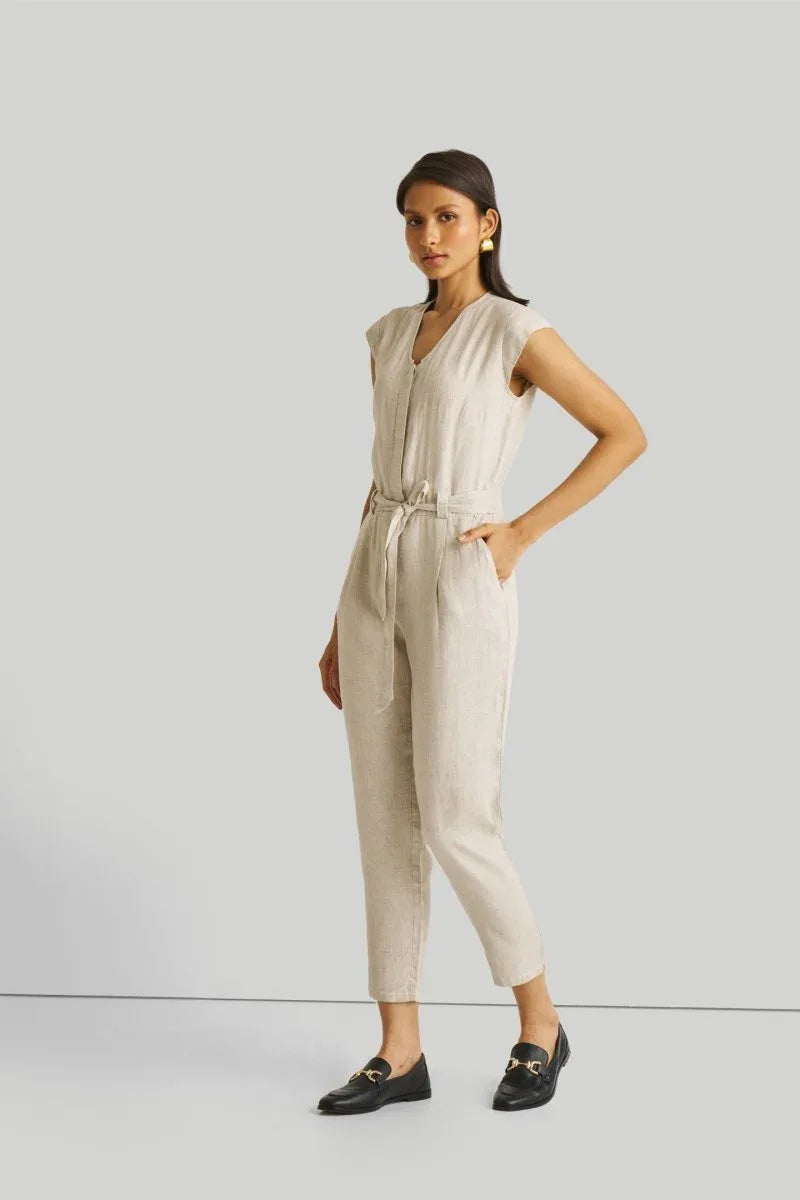 Light Beige Jumpsuit with V-Neck and Straight-Cut Legs | 100% Hemp for All-Day Comfort
