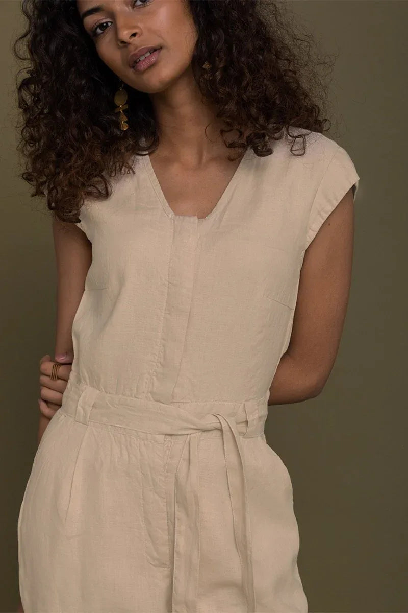 Stylish Neutral Beige Jumpsuit – V-Neck Design, Tapered Legs, Hemp Fabric