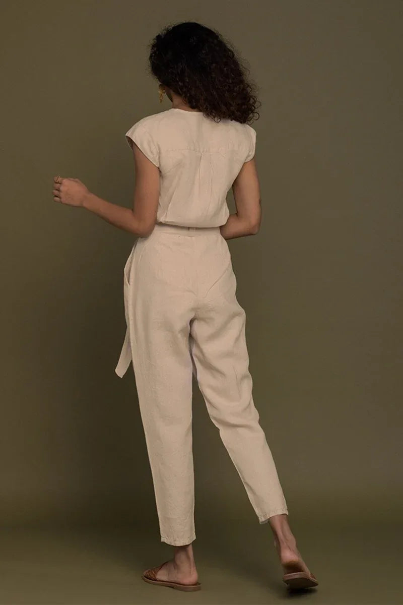 Stylish Neutral Beige Jumpsuit – V-Neck Design, Tapered Legs, Hemp Fabric